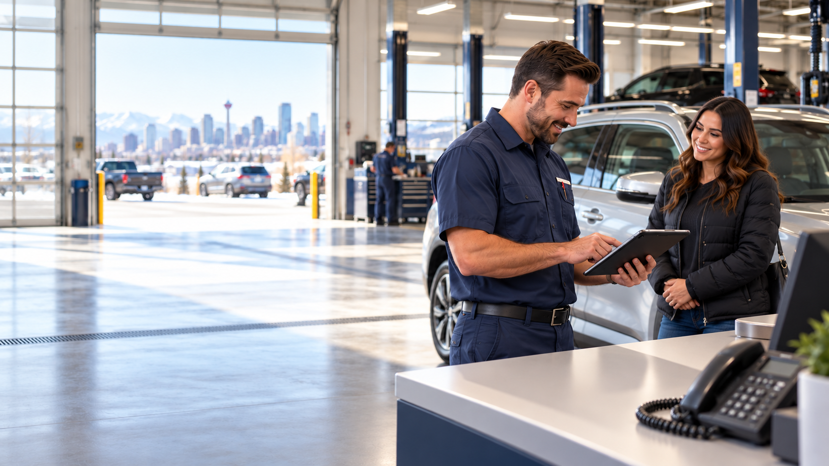 The advisor reviews a concise follow-up at the service desk, with the customer and vehicle still in the drive