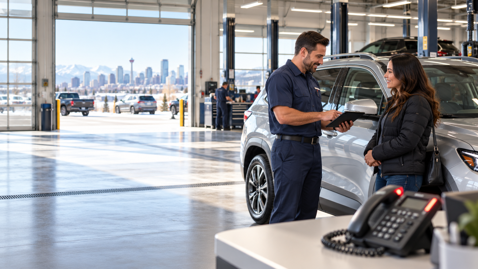 An advisor with a tablet helps a customer beside her silver SUV in a Calgary service drive while the desk phone rings